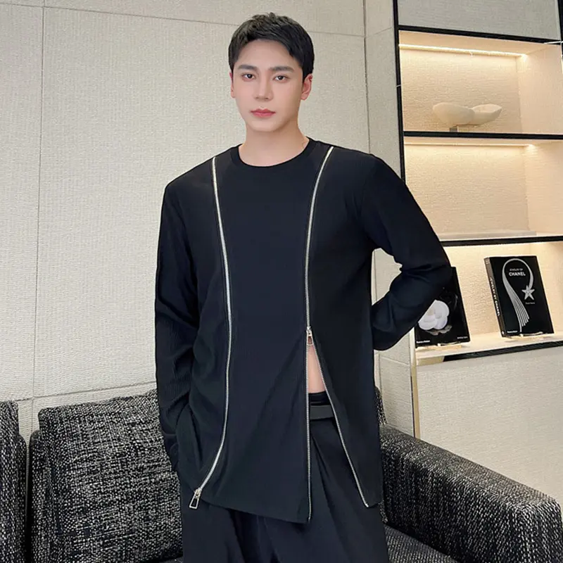IEFB Fashion Men's Tees Round Neck Double Zipper Splicing Solid Color Long Sleeved Casual Pullover Male Loose T-shirts 9A7672