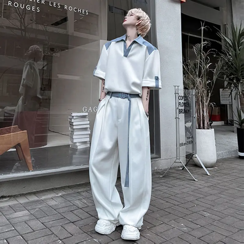 IEFB Contrast Color Men's Sets Lapel Short Sleeve Male T-shirts Belt Design Patchwork Loose Wide Leg Trousers Summer 9W2308