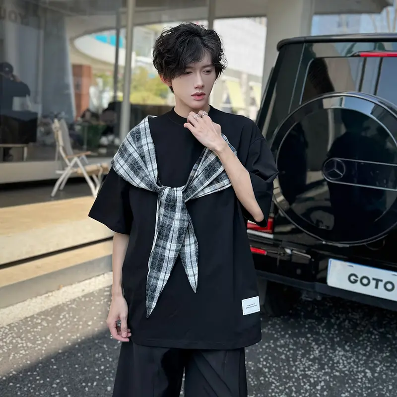 IEFB Men's T-shirts Short Sleeve New Summer New Plaid Splicing Contrasting Color Loose Fake Two-piece Male Casual Tees 9W2186
