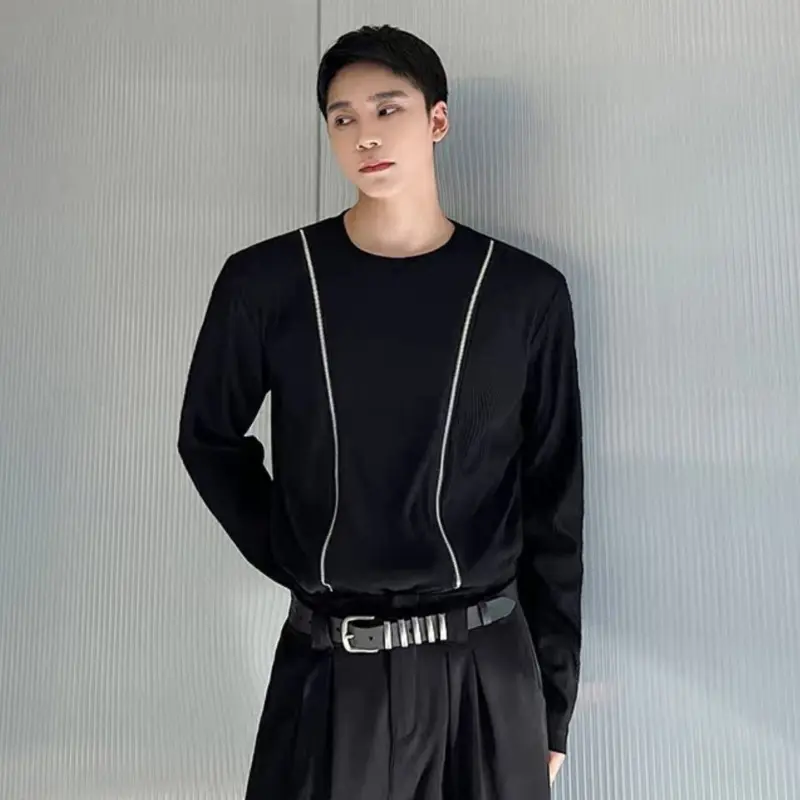 IEFB Fashion Men's Tees Round Neck Double Zipper Splicing Solid Color Long Sleeved Casual Pullover Male Loose T-shirts 9A7672