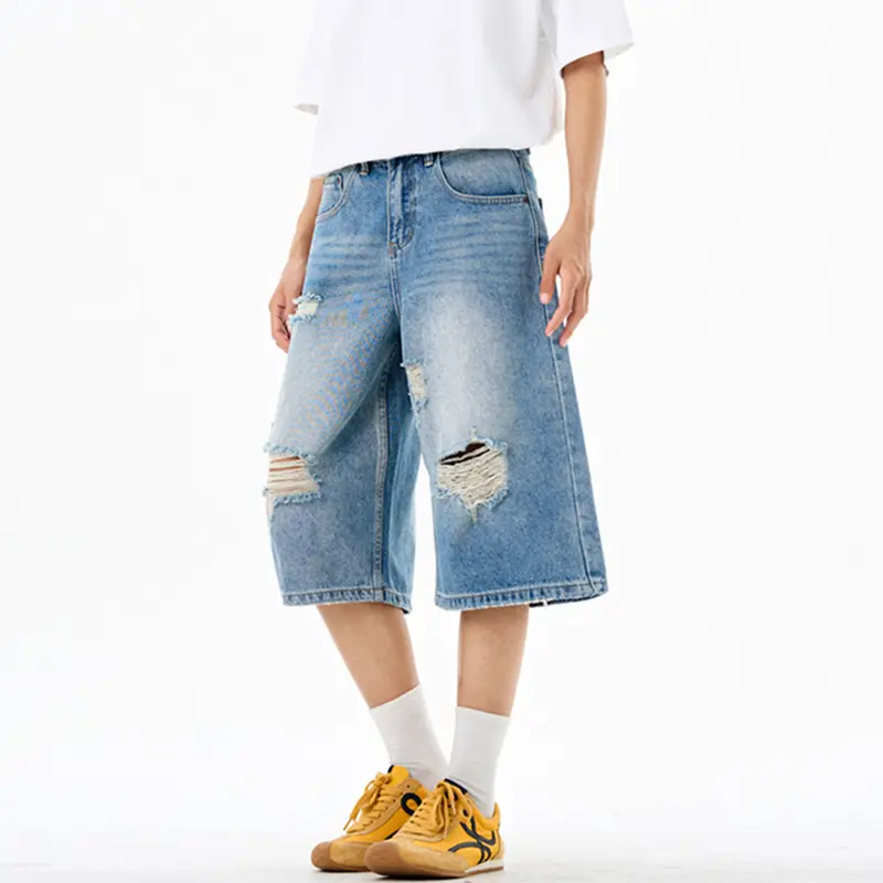 IEFB New Stylish Male Denim Shorts Men's Summer American Style Washed Light Blue Ripped Cropped Jeans Loose Fit Hole 9W3239