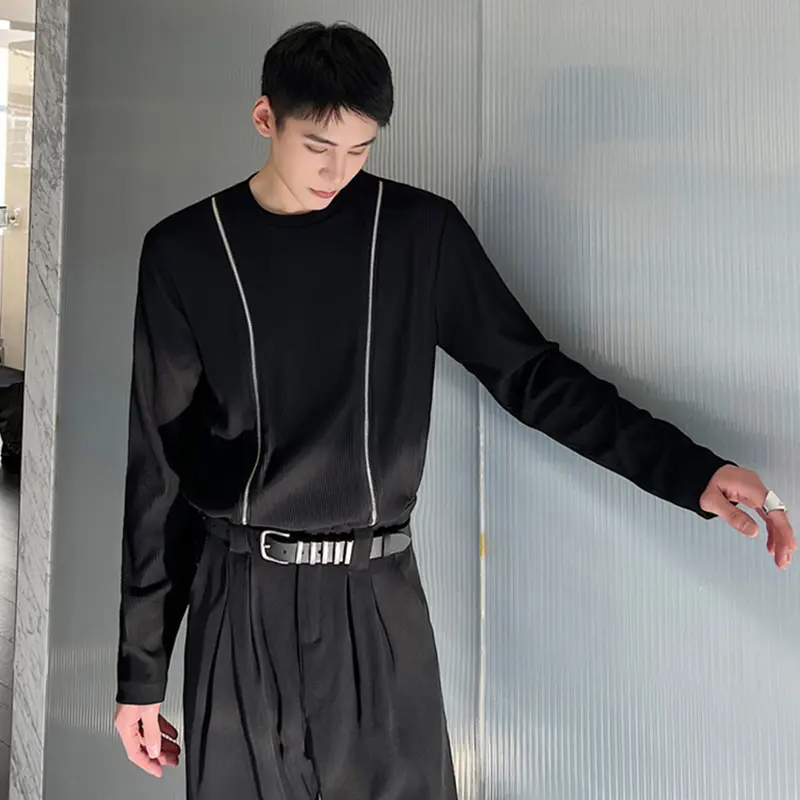 IEFB Fashion Men's Tees Round Neck Double Zipper Splicing Solid Color Long Sleeved Casual Pullover Male Loose T-shirts 9A7672