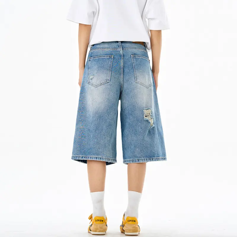 IEFB New Stylish Male Denim Shorts Men's Summer American Style Washed Light Blue Ripped Cropped Jeans Loose Fit Hole 9W3239