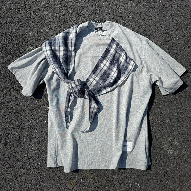 IEFB Men's T-shirts Short Sleeve New Summer New Plaid Splicing Contrasting Color Loose Fake Two-piece Male Casual Tees 9W2186