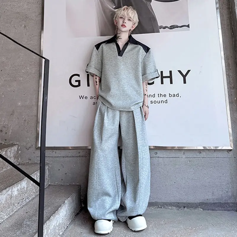 IEFB Contrast Color Men's Sets Lapel Short Sleeve Male T-shirts Belt Design Patchwork Loose Wide Leg Trousers Summer 9W2308