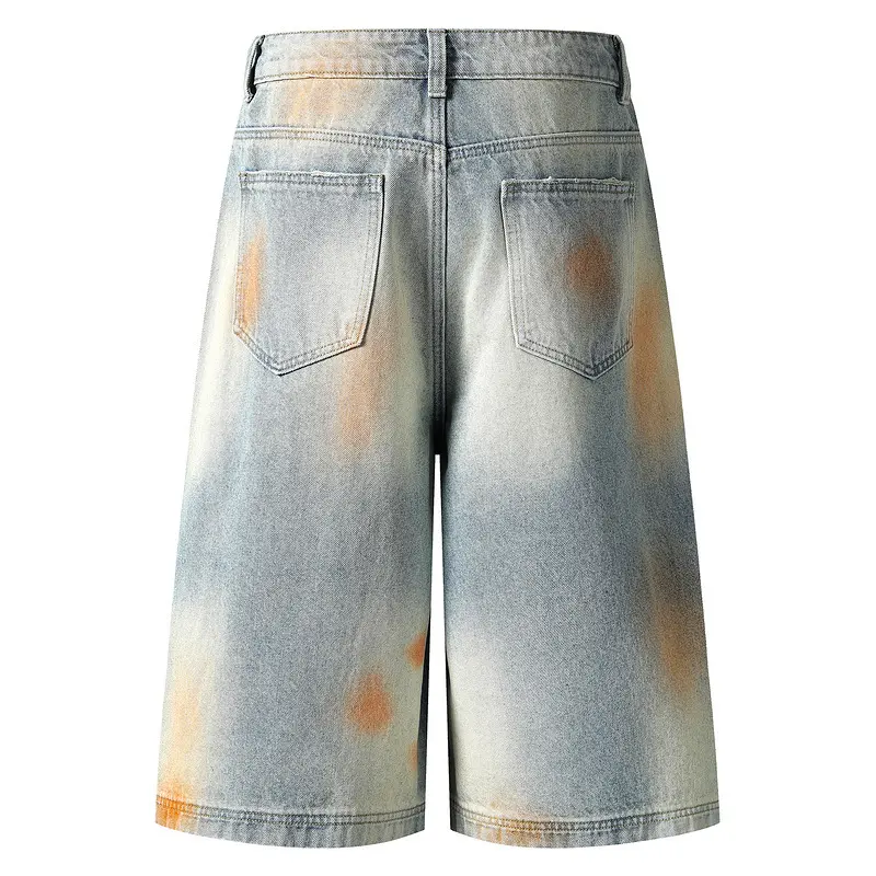 IEFB Niche Design Men's Denim Shorts Mud Dying Contrast Color Holes Cropped Trousers Straight Wide Leg Male Jeans Summer 9W3354