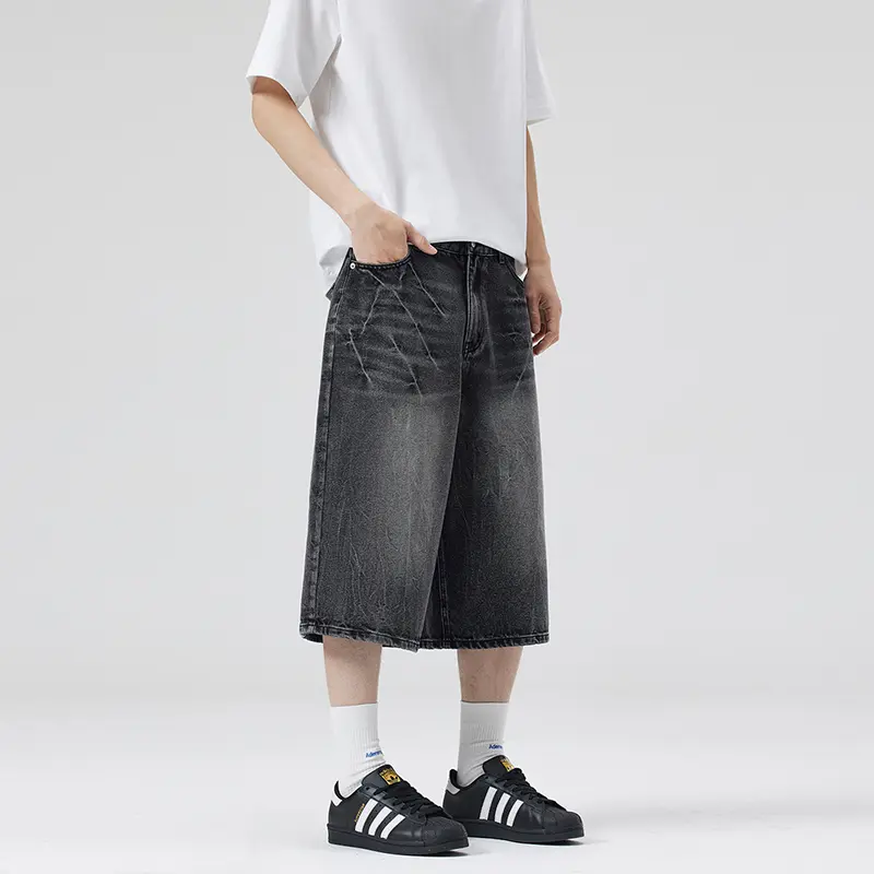 2025 Summer American Lightning Crack Black Grey Jeans Men's Straight Tube Loose Wide Leg Shorts Y2k Street Hip Hop Sevens