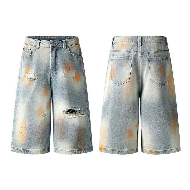 IEFB Niche Design Men's Denim Shorts Mud Dying Contrast Color Holes Cropped Trousers Straight Wide Leg Male Jeans Summer 9W3354