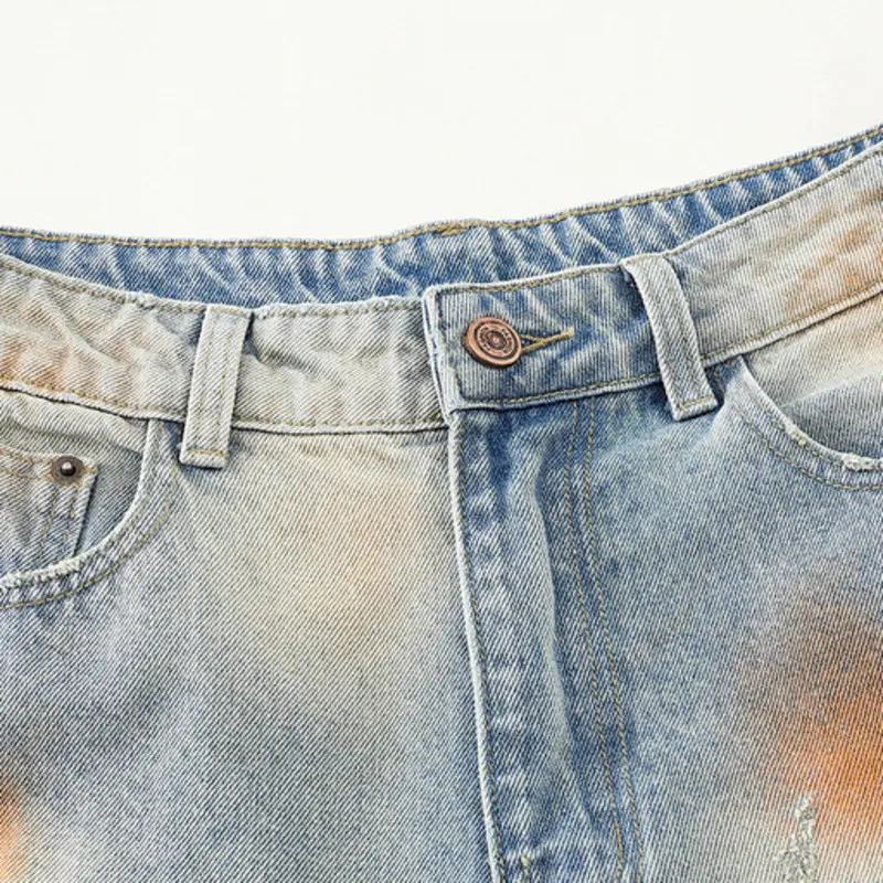 IEFB Niche Design Men's Denim Shorts Mud Dying Contrast Color Holes Cropped Trousers Straight Wide Leg Male Jeans Summer 9W3354
