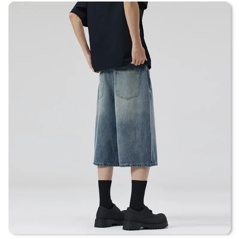 2025 Summer American Lightning Crack Black Grey Jeans Men's Straight Tube Loose Wide Leg Shorts Y2k Street Hip Hop Sevens
