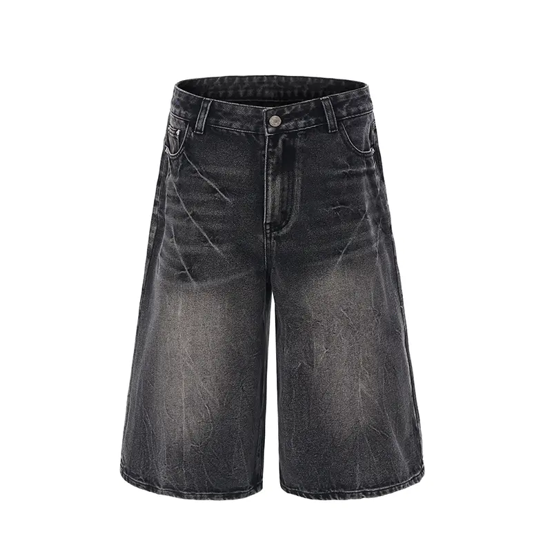 2025 Summer American Lightning Crack Black Grey Jeans Men's Straight Tube Loose Wide Leg Shorts Y2k Street Hip Hop Sevens