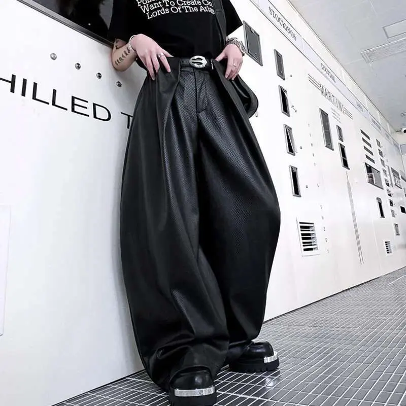 IEFB Men's Casual Pants New American Style Niche Leather Curved Knife Straight Wide Leg Trendy Male Summer Trousers 9W2174