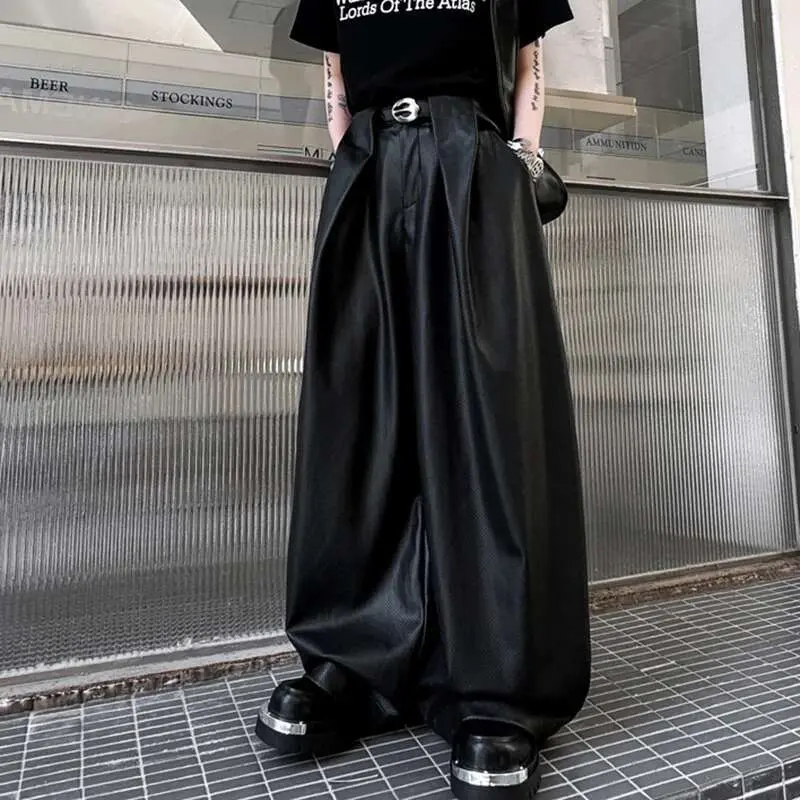 IEFB Men's Casual Pants New American Style Niche Leather Curved Knife Straight Wide Leg Trendy Male Summer Trousers 9W2174