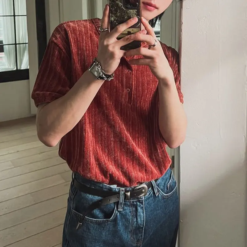 IEFB Korean Style Men's Tees Round Collar Short Sleeved Button Casual Pullover Tops Solid Color Loose Male T-shirt Summer 9W2715