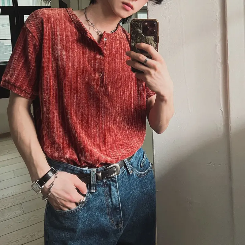 IEFB Korean Style Men's Tees Round Collar Short Sleeved Button Casual Pullover Tops Solid Color Loose Male T-shirt Summer 9W2715