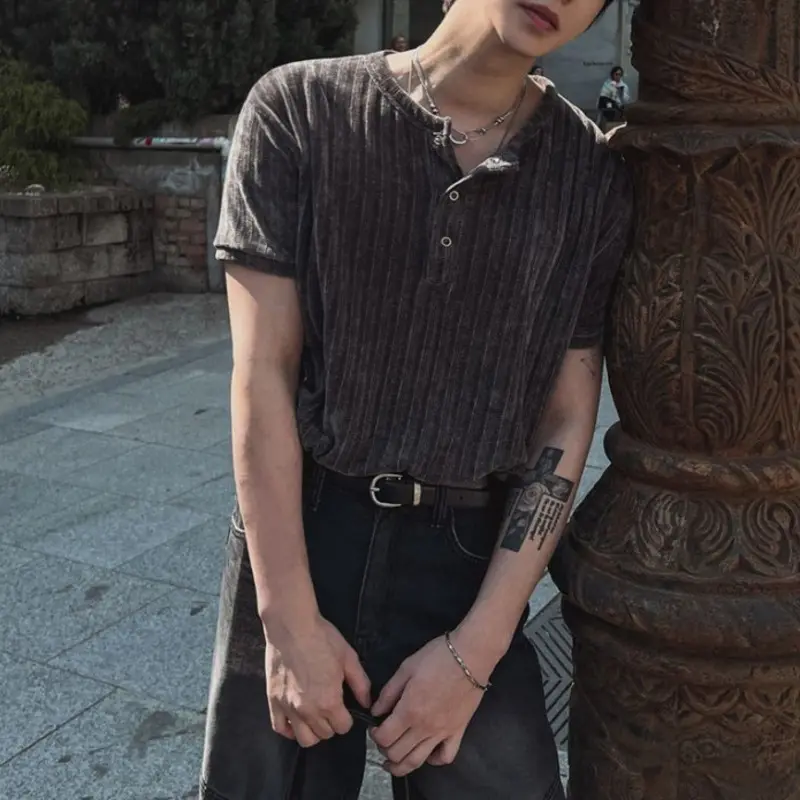 IEFB Korean Style Men's Tees Round Collar Short Sleeved Button Casual Pullover Tops Solid Color Loose Male T-shirt Summer 9W2715