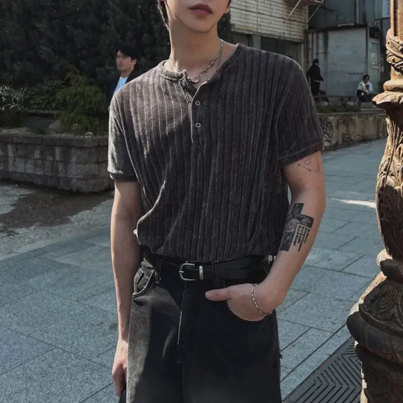 IEFB Korean Style Men's Tees Round Collar Short Sleeved Button Casual Pullover Tops Solid Color Loose Male T-shirt Summer 9W2715