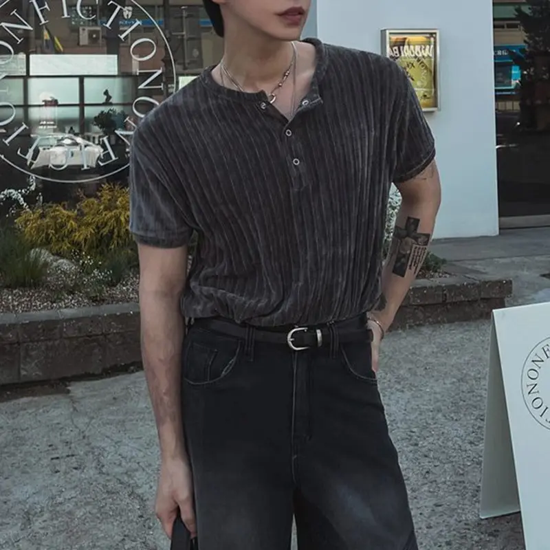 IEFB Korean Style Men's Tees Round Collar Short Sleeved Button Casual Pullover Tops Solid Color Loose Male T-shirt Summer 9W2715