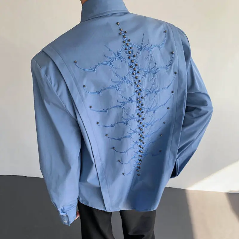 IEFB Men's Shirts Long Sleeve Turn-down Collar Trendy New Korean Style Embroidery Bead Male Rivet Pad Shoulder Menwear 9W2083