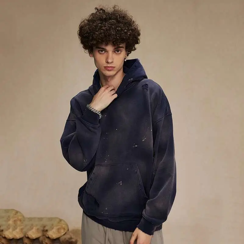 IEFB American Style Male Hoodies Make Old Spray Splash-ink Hole Design Men's Sweatshirt Winter Spring New Trendy Men Wear 9W123