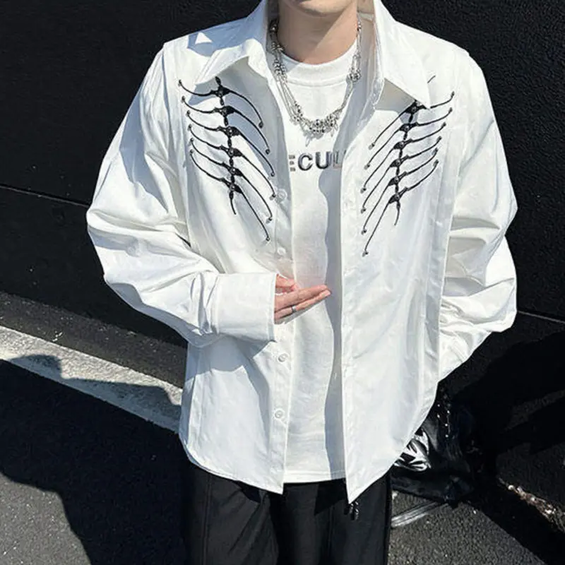 IEFB Men's Shirts Long Sleeve Turn-down Collar Trendy New Korean Style Embroidery Bead Male Rivet Pad Shoulder Menwear 9W2083
