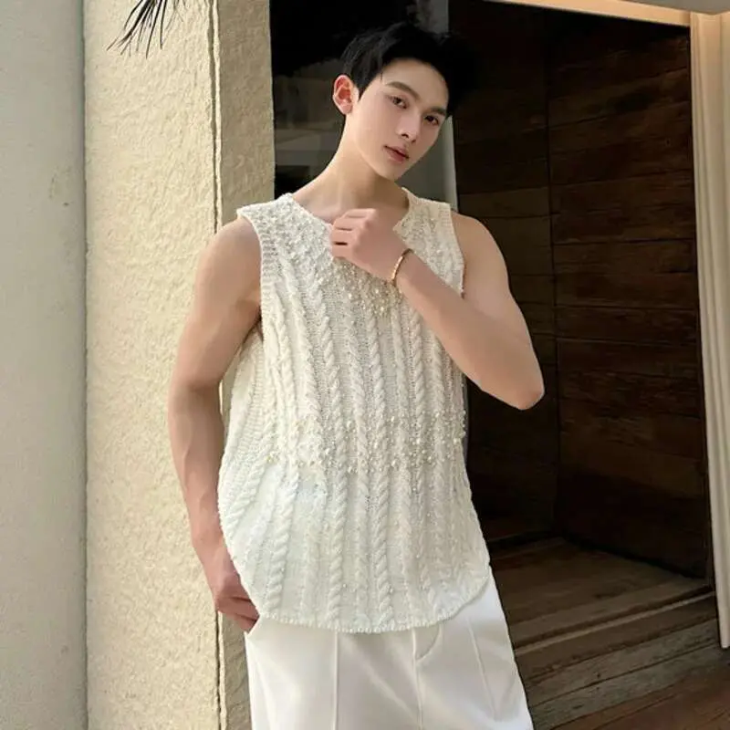 IEFB French Male Knitted Vest Fashionable Bead Decoration Sleeveless Tank Top Summer New Trendy Sleeveless Tops Casual 9W2692