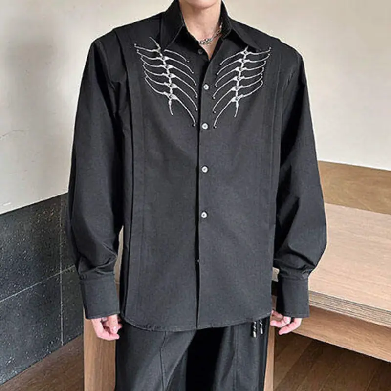 IEFB Men's Shirts Long Sleeve Turn-down Collar Trendy New Korean Style Embroidery Bead Male Rivet Pad Shoulder Menwear 9W2083