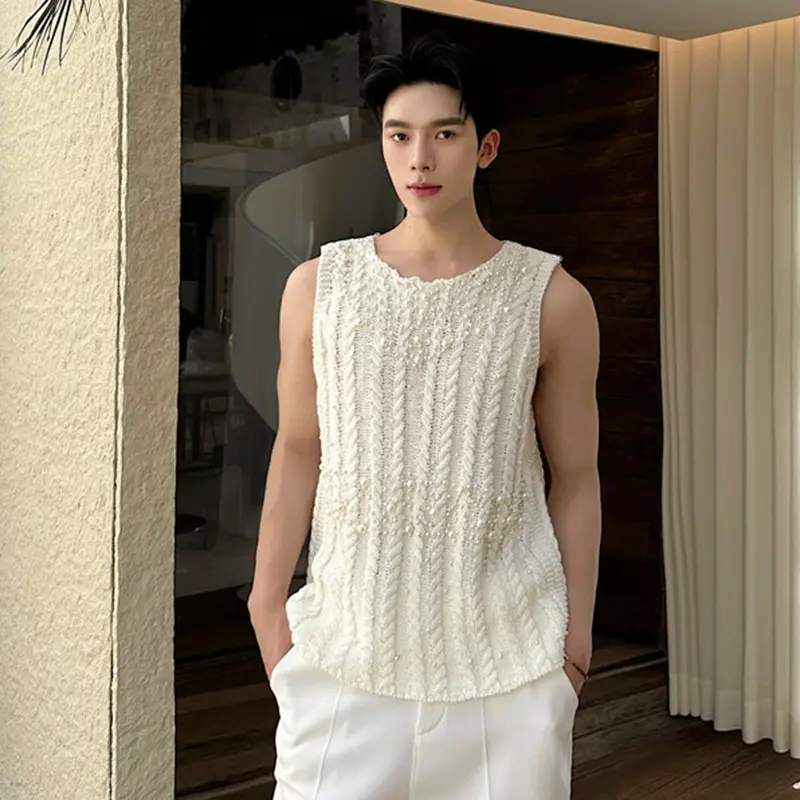 IEFB French Male Knitted Vest Fashionable Bead Decoration Sleeveless Tank Top Summer New Trendy Sleeveless Tops Casual 9W2692