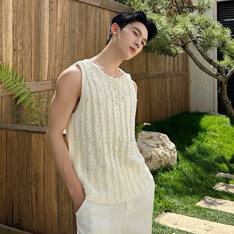 IEFB French Male Knitted Vest Fashionable Bead Decoration Sleeveless Tank Top Summer New Trendy Sleeveless Tops Casual 9W2692