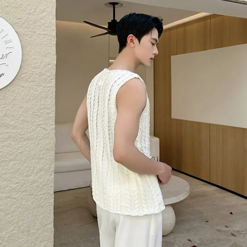 IEFB French Male Knitted Vest Fashionable Bead Decoration Sleeveless Tank Top Summer New Trendy Sleeveless Tops Casual 9W2692