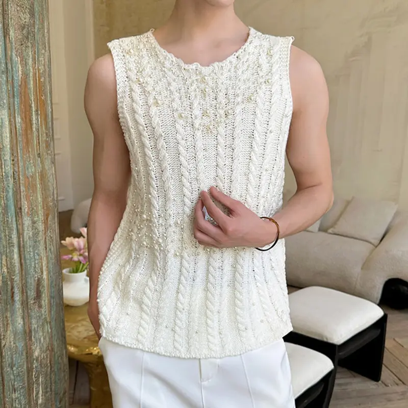IEFB French Male Knitted Vest Fashionable Bead Decoration Sleeveless Tank Top Summer New Trendy Sleeveless Tops Casual 9W2692