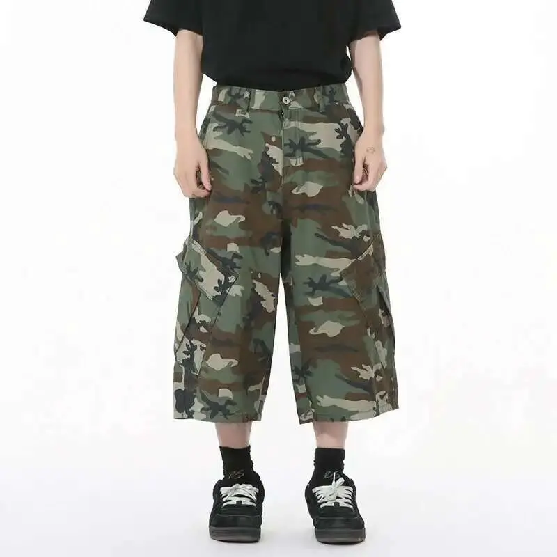 IEFB American Style Men's Jeans Camouflage Side Pockets Patchwork Design Casual Straight Wide Leg Baggy Male Denim Shorts 9W1271