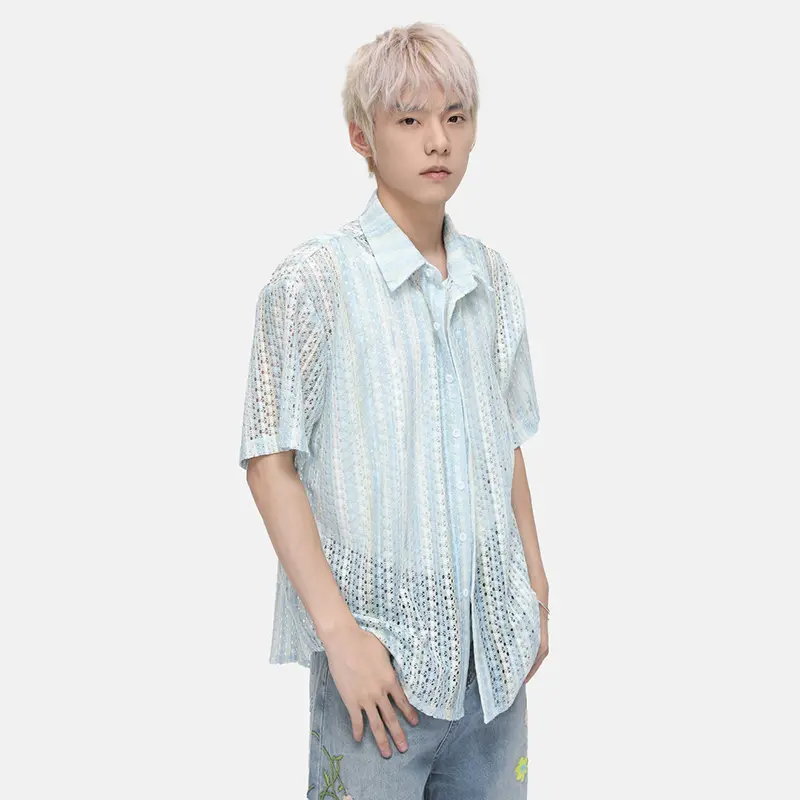 IEFB Niche Design Men's Shirts Turn-down Collar Hollow Out Short Sleeved Contrast Color Casual Single Breasted Male Tops 9W3421