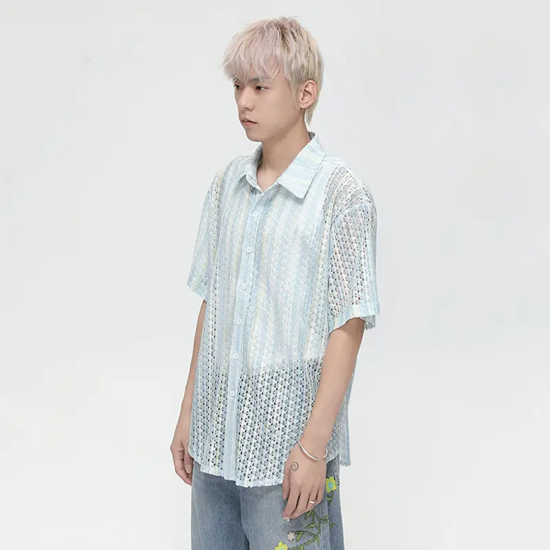 IEFB Niche Design Men's Shirts Turn-down Collar Hollow Out Short Sleeved Contrast Color Casual Single Breasted Male Tops 9W3421