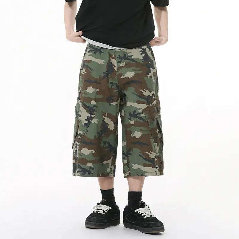 IEFB American Style Men's Jeans Camouflage Side Pockets Patchwork Design Casual Straight Wide Leg Baggy Male Denim Shorts 9W1271