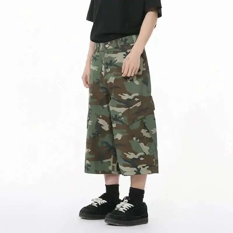 IEFB American Style Men's Jeans Camouflage Side Pockets Patchwork Design Casual Straight Wide Leg Baggy Male Denim Shorts 9W1271