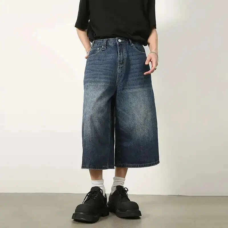 IEFB Solid Color Men's Denim Shorts Silhouette Washing Worn-out New Trousers Straight Wide Leg Loose Male Jeans Spring 9A8825