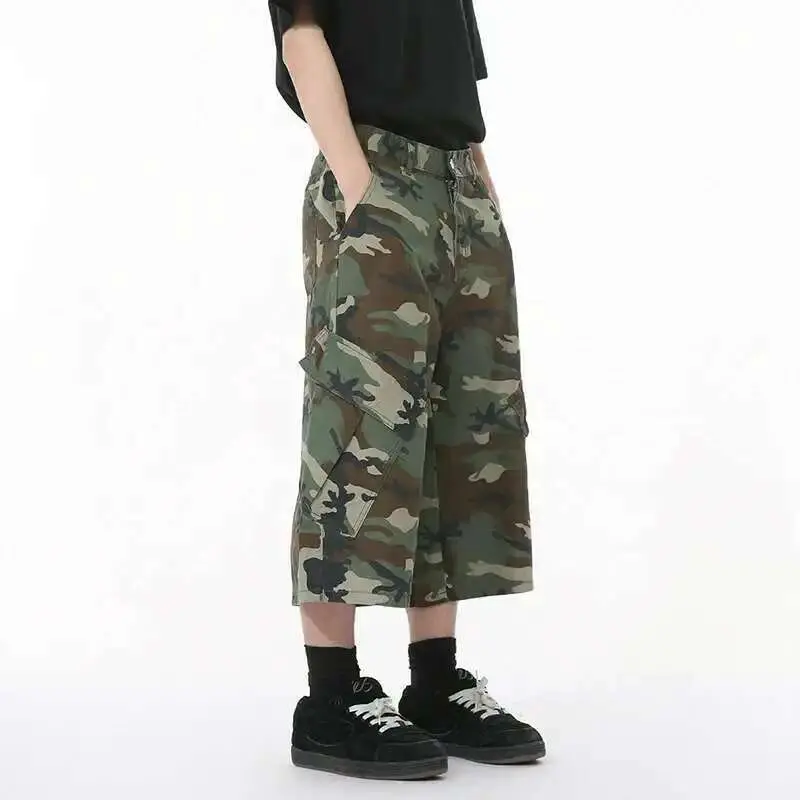 IEFB American Style Men's Jeans Camouflage Side Pockets Patchwork Design Casual Straight Wide Leg Baggy Male Denim Shorts 9W1271