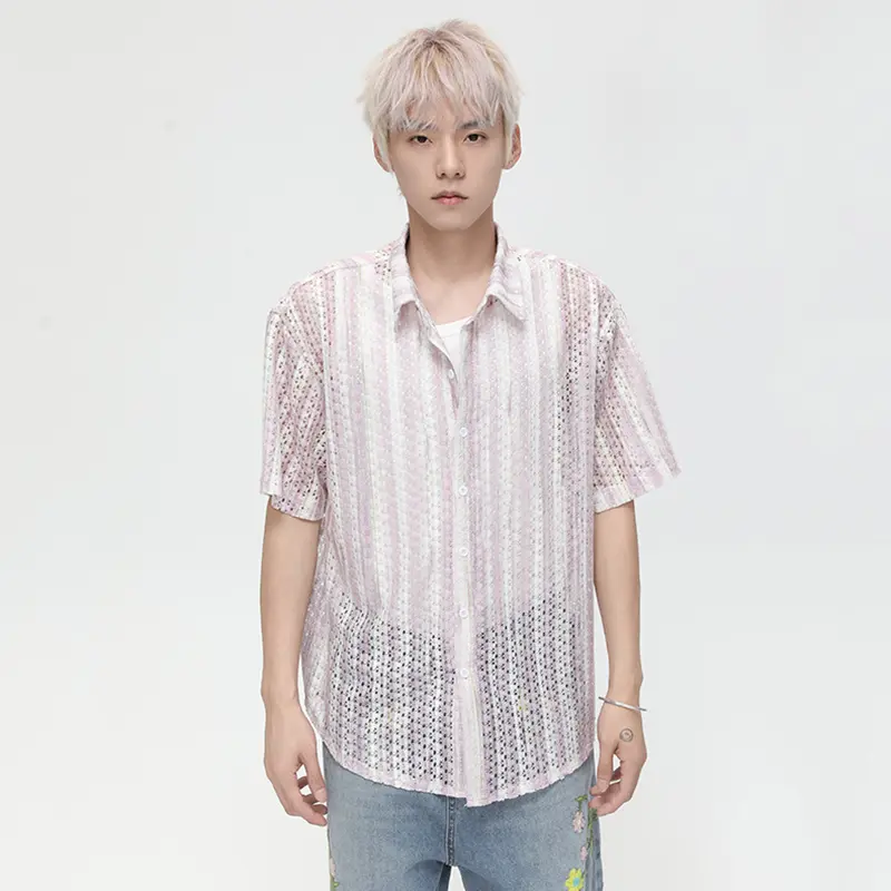 IEFB Niche Design Men's Shirts Turn-down Collar Hollow Out Short Sleeved Contrast Color Casual Single Breasted Male Tops 9W3421