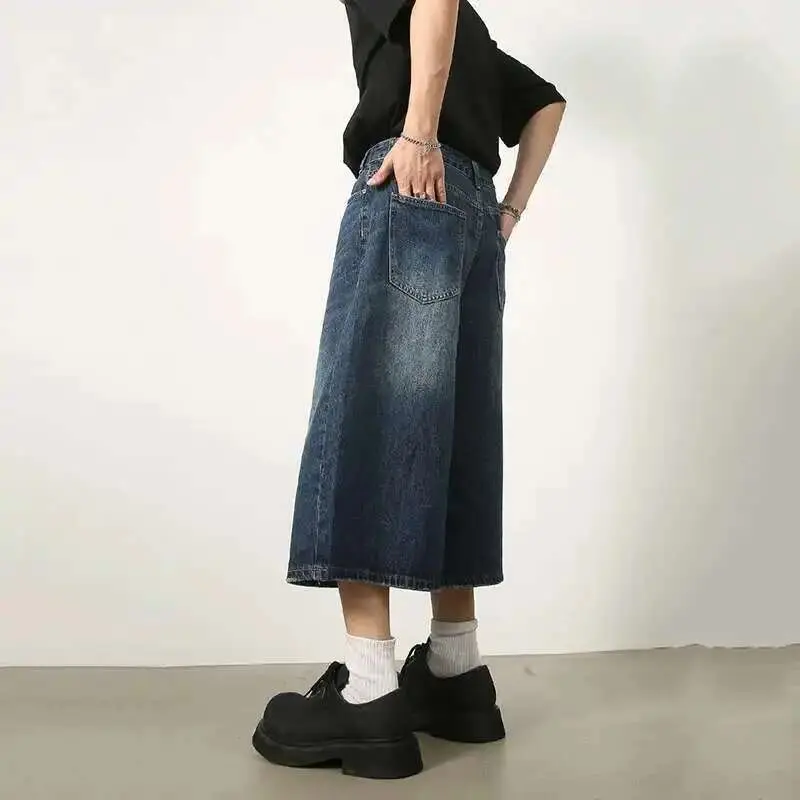 IEFB Solid Color Men's Denim Shorts Silhouette Washing Worn-out New Trousers Straight Wide Leg Loose Male Jeans Spring 9A8825