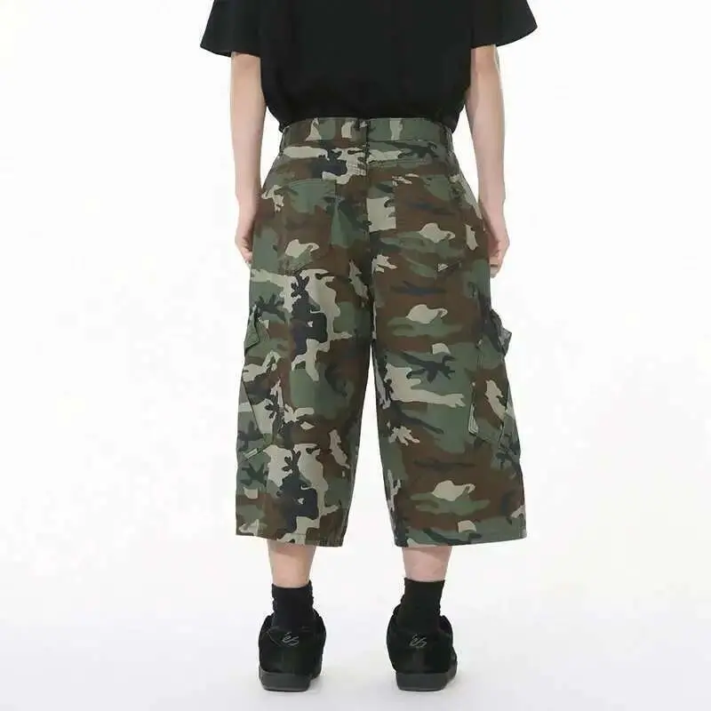 IEFB American Style Men's Jeans Camouflage Side Pockets Patchwork Design Casual Straight Wide Leg Baggy Male Denim Shorts 9W1271