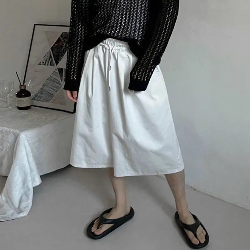 IEFB Elastic Waist Men's Shorts Solid Color Casual Wide Leg Drawstring Trousers Pleated Design Straight Menswear Korean 9W2508