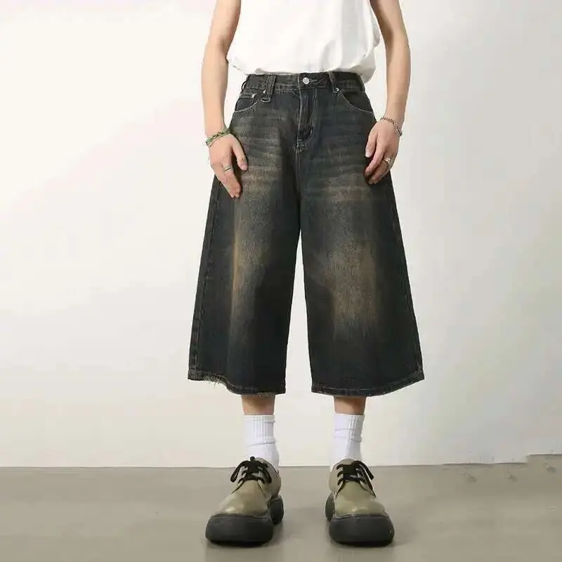IEFB Solid Color Men's Denim Shorts Silhouette Washing Worn-out New Trousers Straight Wide Leg Loose Male Jeans Spring 9A8825