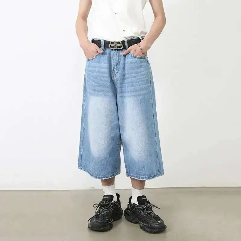 IEFB Solid Color Men's Denim Shorts Silhouette Washing Worn-out New Trousers Straight Wide Leg Loose Male Jeans Spring 9A8825