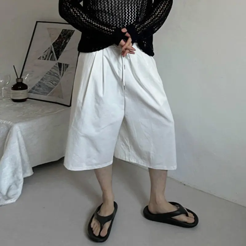 IEFB Elastic Waist Men's Shorts Solid Color Casual Wide Leg Drawstring Trousers Pleated Design Straight Menswear Korean 9W2508