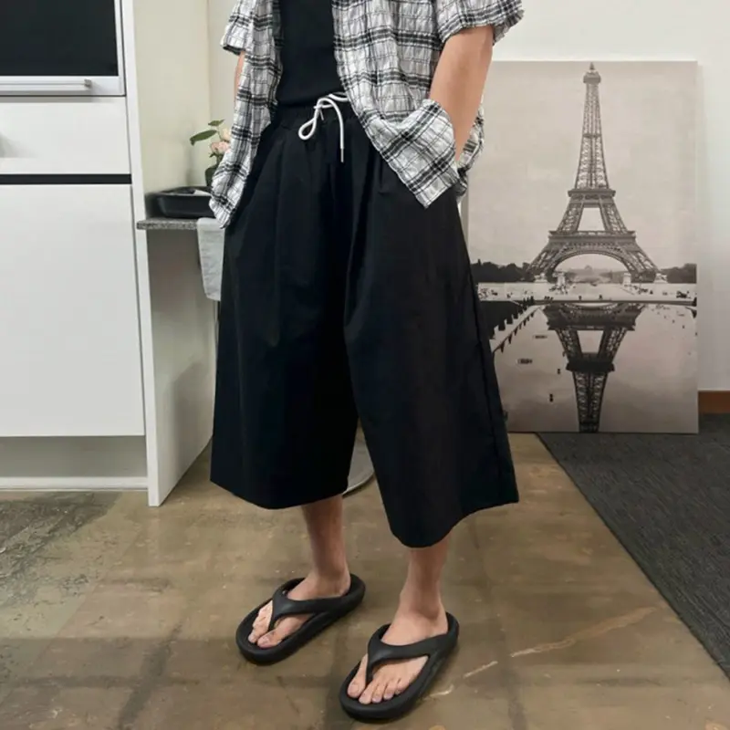 IEFB Elastic Waist Men's Shorts Solid Color Casual Wide Leg Drawstring Trousers Pleated Design Straight Menswear Korean 9W2508