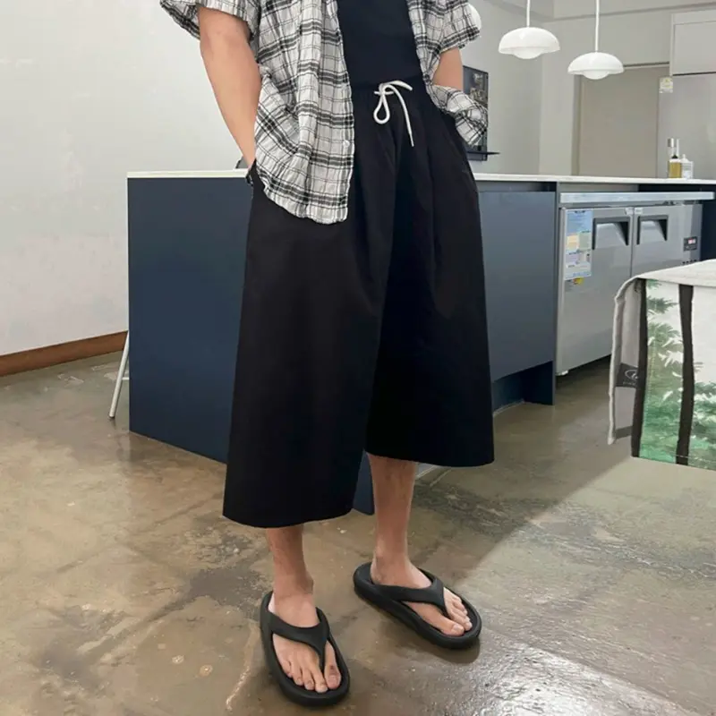 IEFB Elastic Waist Men's Shorts Solid Color Casual Wide Leg Drawstring Trousers Pleated Design Straight Menswear Korean 9W2508