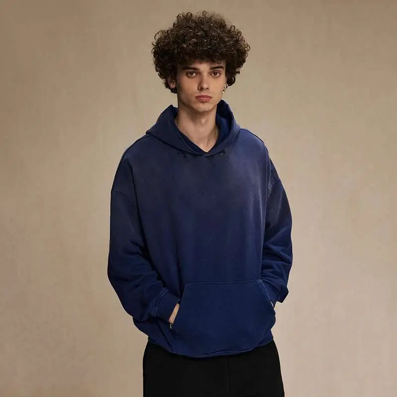 IEFB American Style Male Sweatshirt Pullover Hooded Gradient Color Men Clothing Hole Worn-ount Design Winter Spring New 9W126