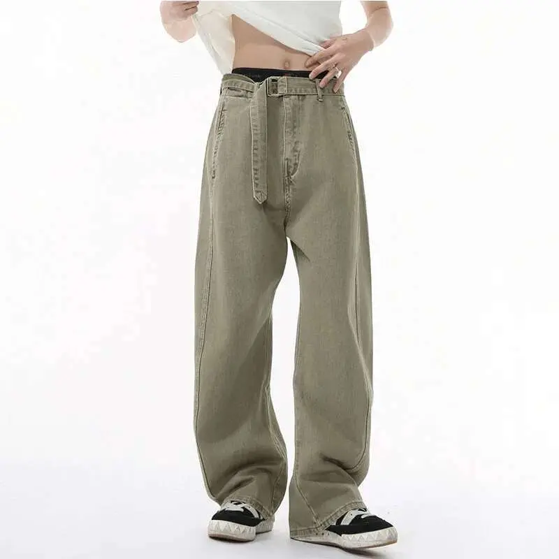 IEFB Men's Jeans Straight Leg Design New Korean Handsome Solid Color Denim Pants Belt Loose Fashion Male Bottoms Spring 9W1590