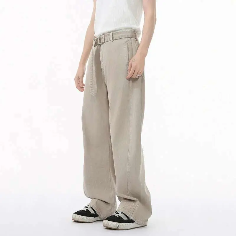 IEFB Men's Jeans Straight Leg Design New Korean Handsome Solid Color Denim Pants Belt Loose Fashion Male Bottoms Spring 9W1590